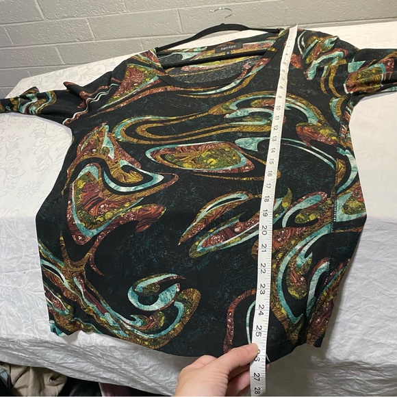 Super Cool Fabric Feel SemiSheer 3/4 Sleeve Blouse Scoop Crew Neck Marbled Shirt - Picture 4 of 12